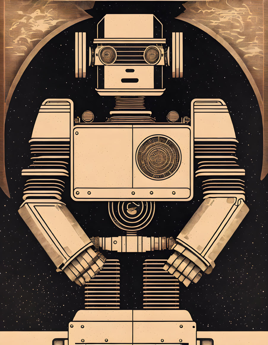 Square-headed robot surrounded by vintage science fiction design
