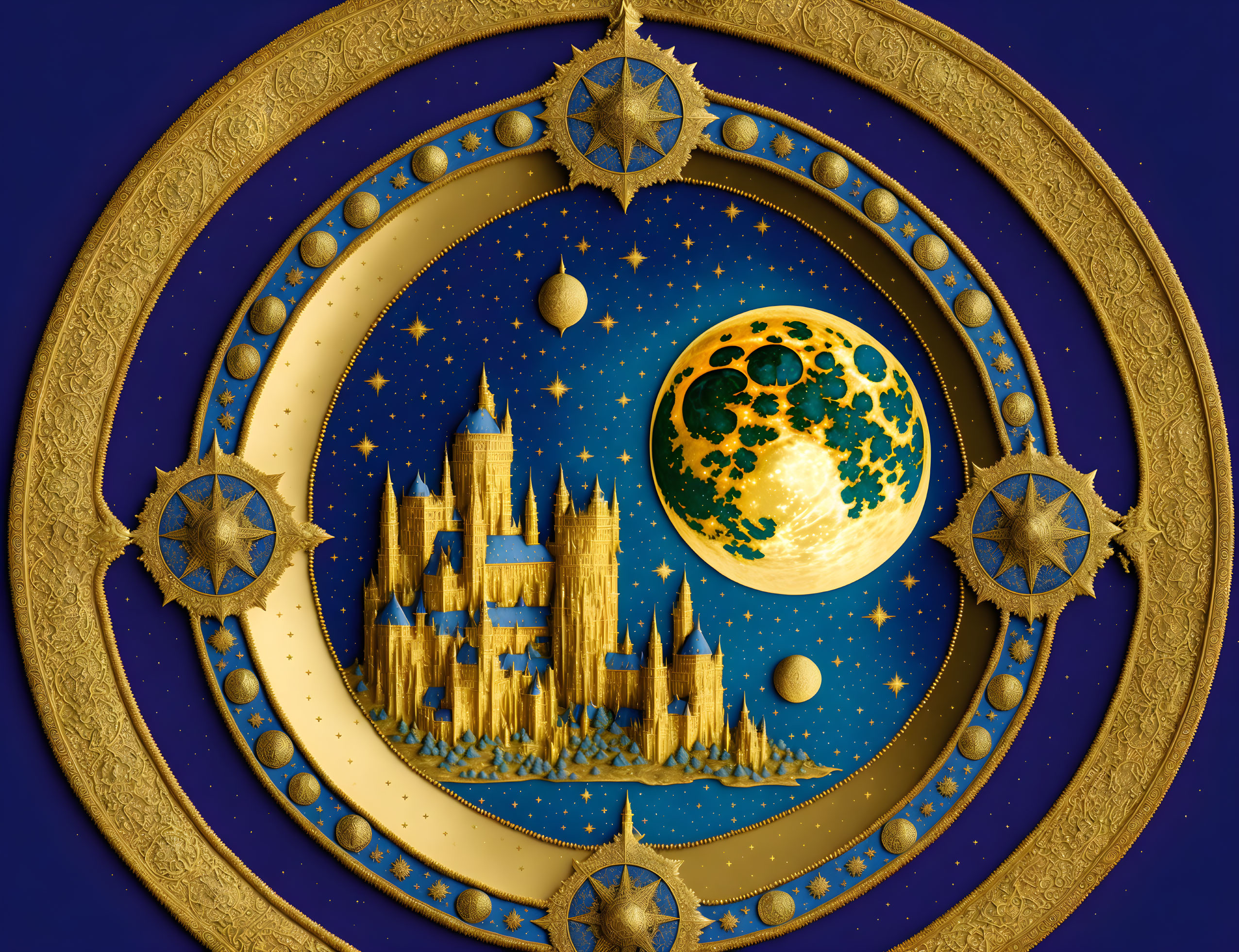 Fantasy castle in celestial frame with stars and moons on blue background