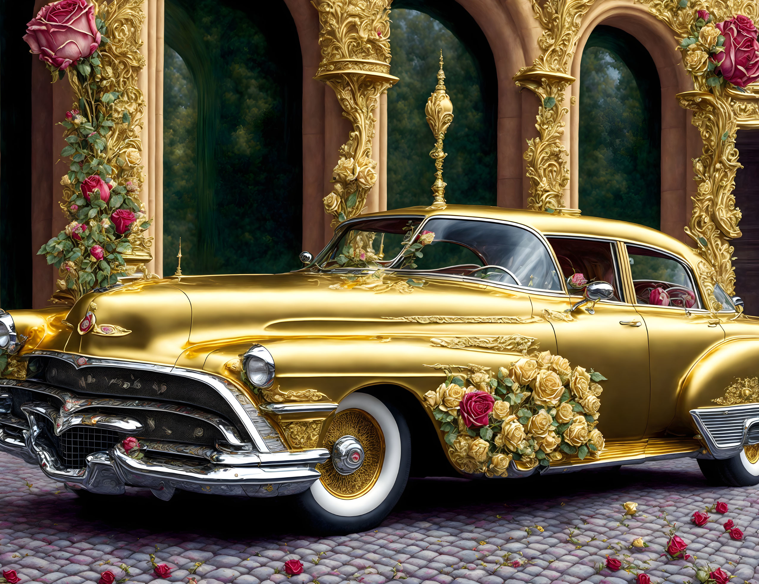 Vintage golden car with rose decorations parked in front of ornate building