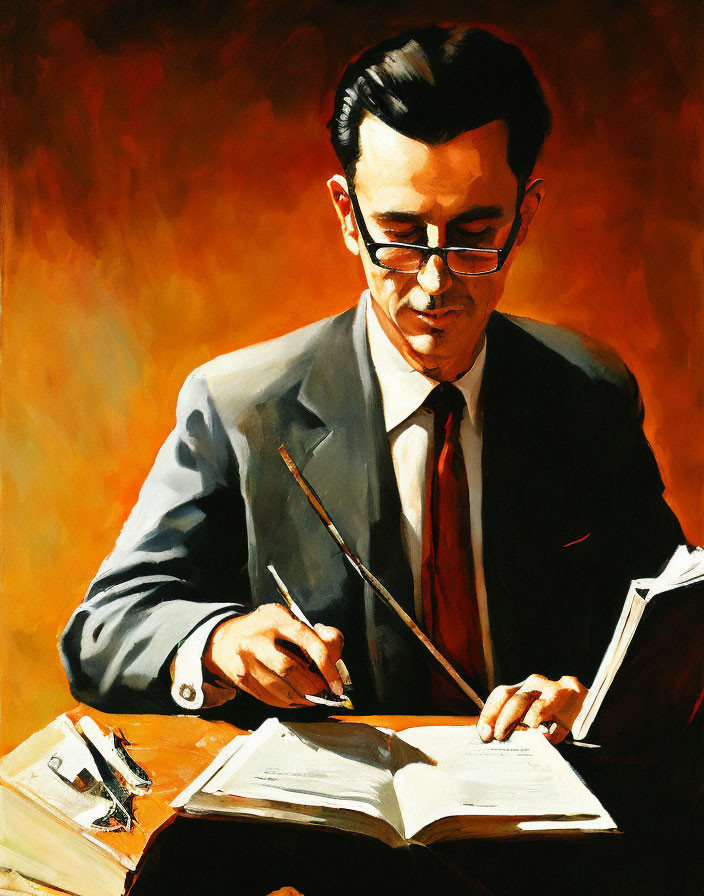Man in Suit Writing in Book with Glasses on Bright Background