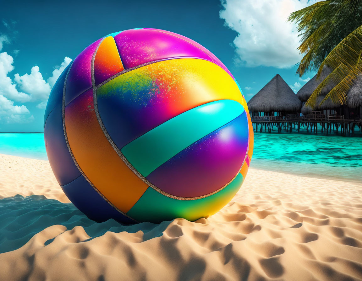 Vibrant volleyball on tropical beach with palm trees and bungalows