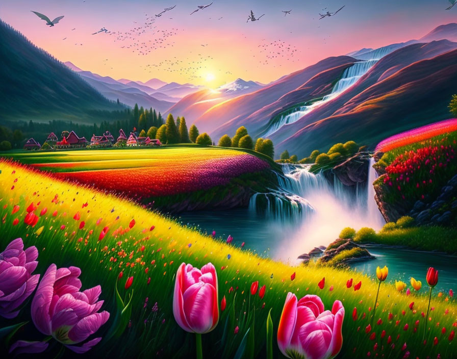 Scenic landscape with waterfall, river, flowers, birds, mountains, and sunrise.