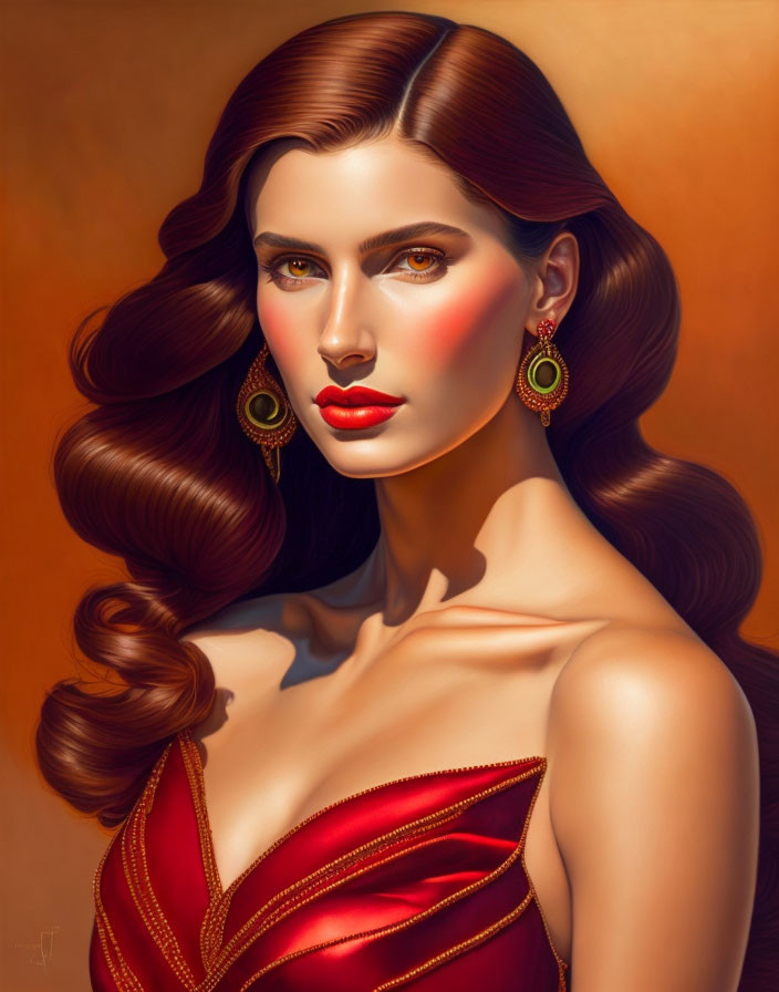Portrait of a Woman with Dark Hair and Hazel Eyes in Red Dress