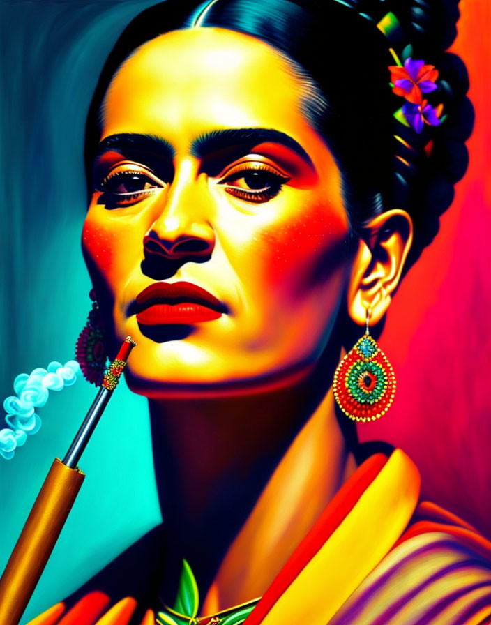 Colorful portrait of a woman smoking, bold and expressive details present