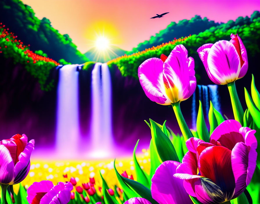 Colorful tulips, waterfall, greenery, sunrise, and bird silhouette in nature scene