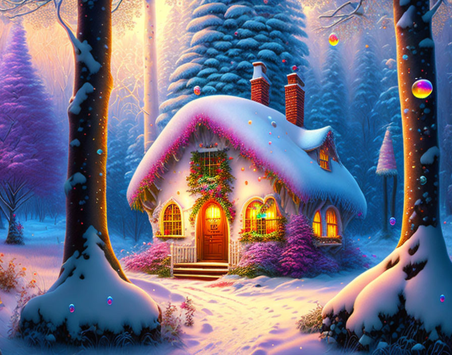 Snow-covered cottage with Christmas decorations in tranquil winter forest