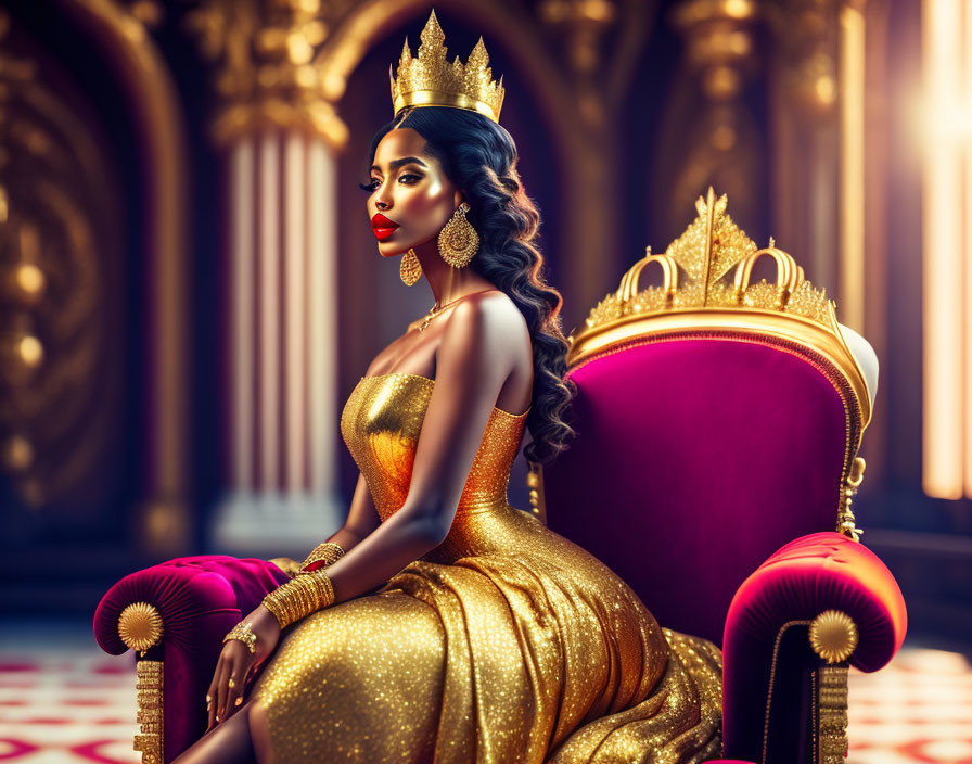 Regal woman in golden gown on red throne
