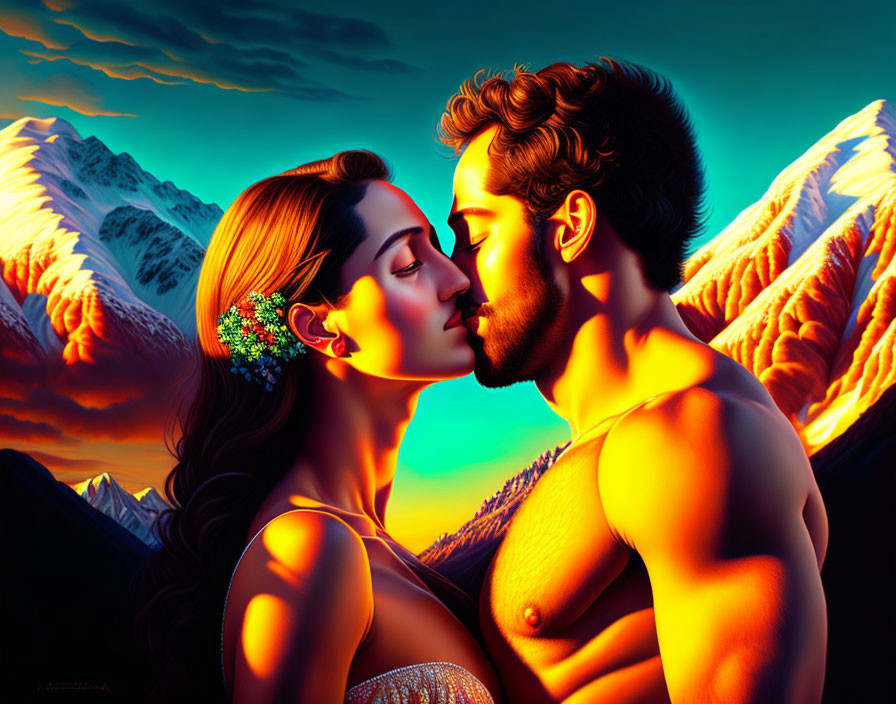 Romantic painting of couple kissing with fiery mountain backdrop