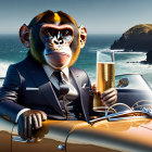 Well-dressed gorilla in suit drives convertible on coastal road