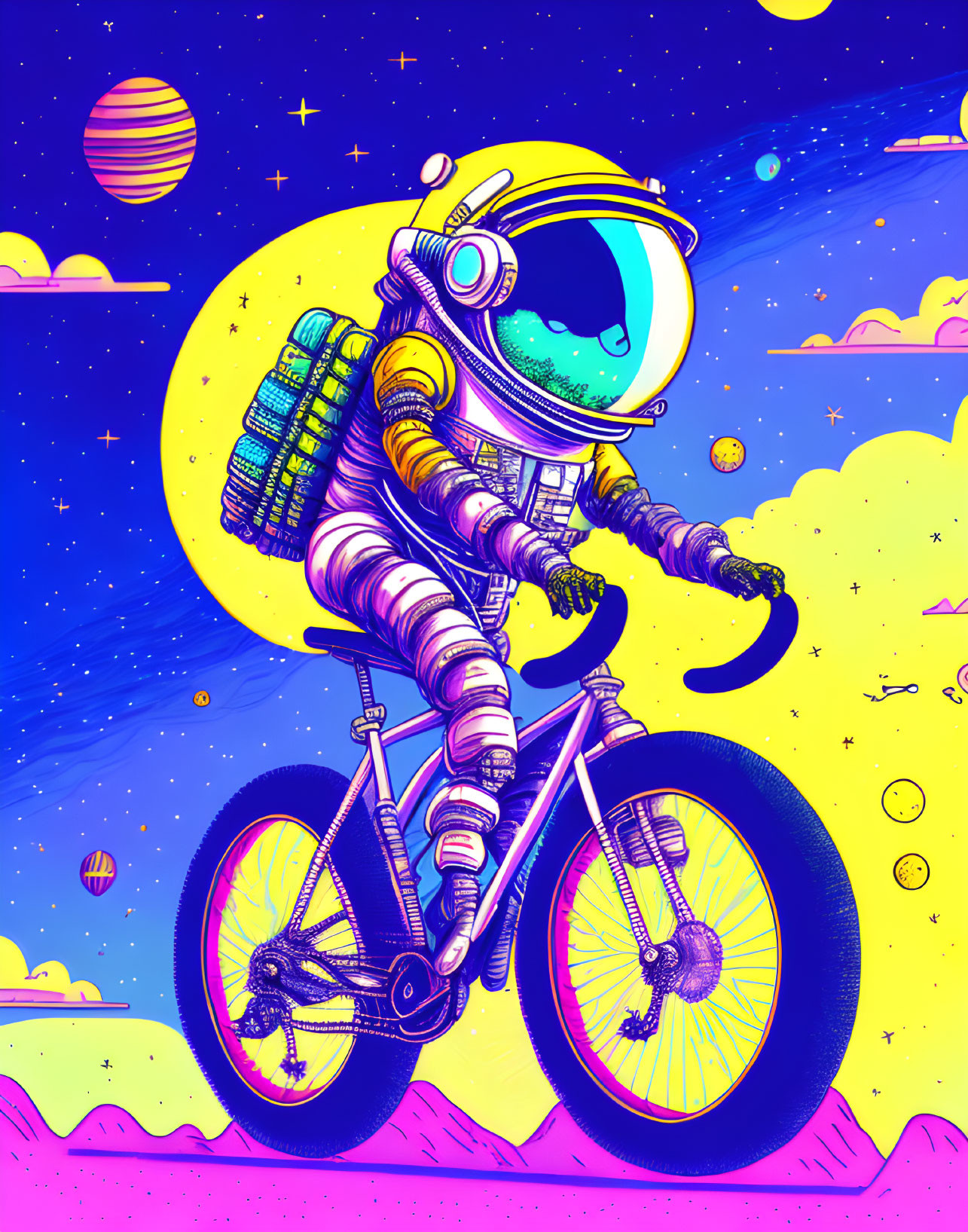 Colorful astronaut on bicycle in alien landscape with planets and stars