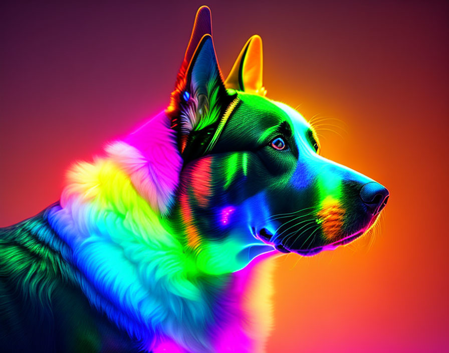 Colorful Neon Rainbow Dog Portrait on Red Purple Background