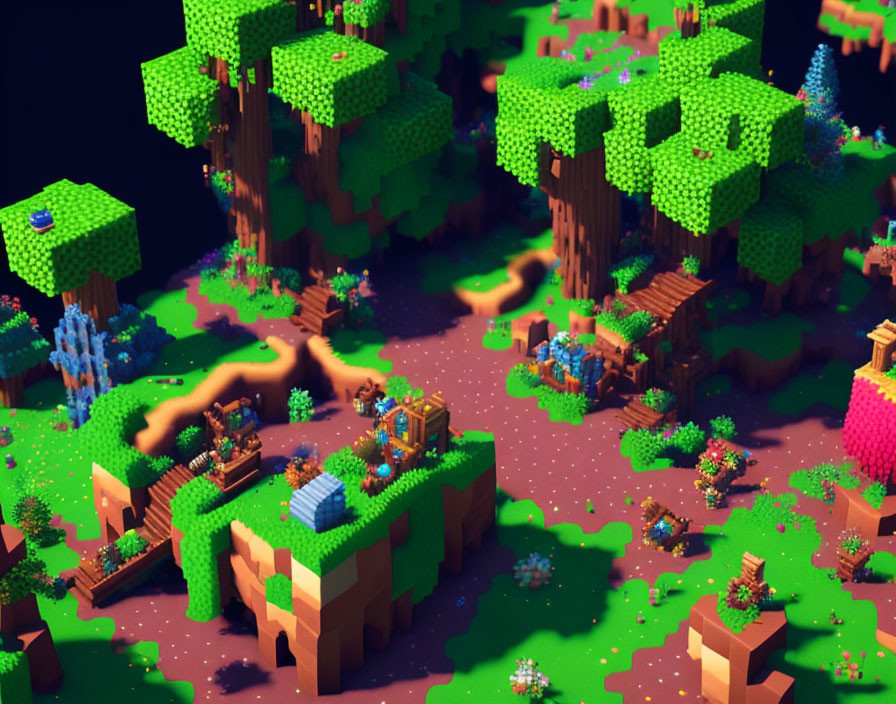 Colorful Voxel Landscape with Trees and Structures