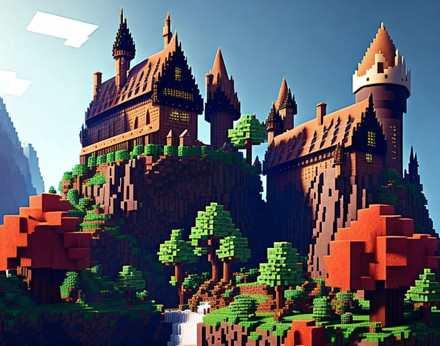 Pixelated Block-Style Castle on Lush Hill with Geometric Trees