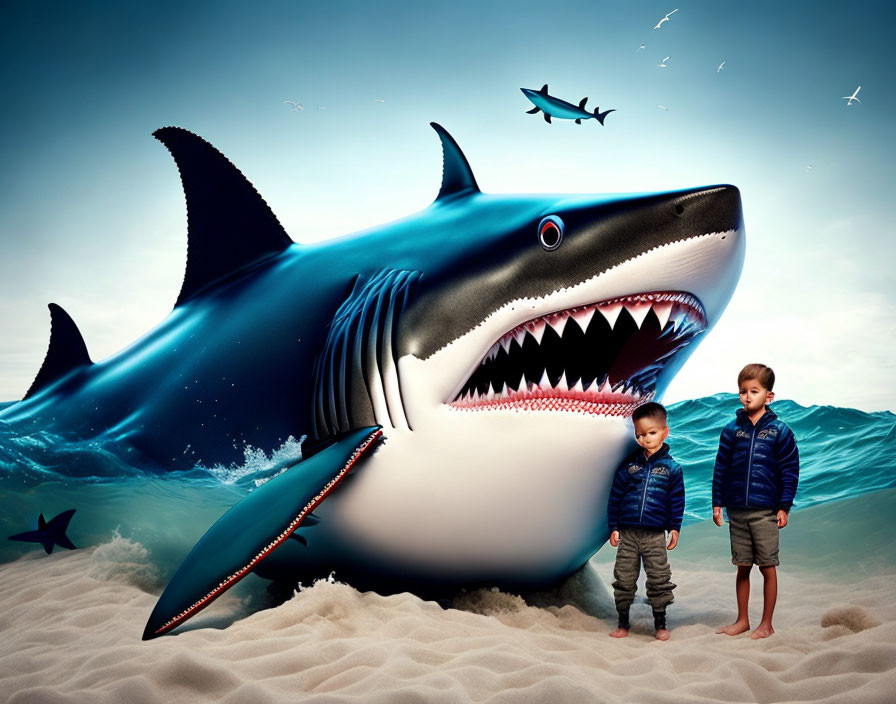 Two boys on sandy beach with large cartoonish shark under surreal sky