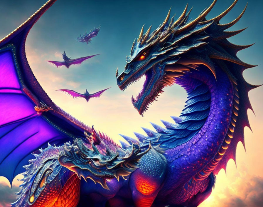 Blue dragon with gleaming scales and large wings in twilight sky with smaller dragons.