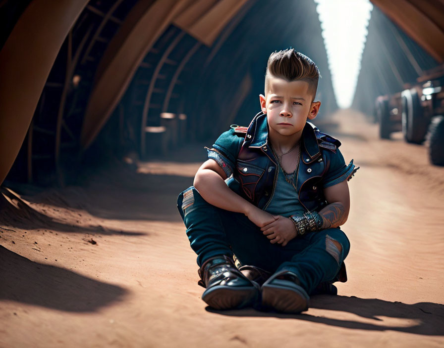 Young boy with mohawk in denim outfit sits in tunnel with light streaming.