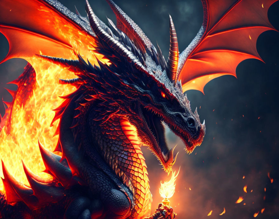 Majestic dragon with glowing eyes and fiery breath in fantasy art