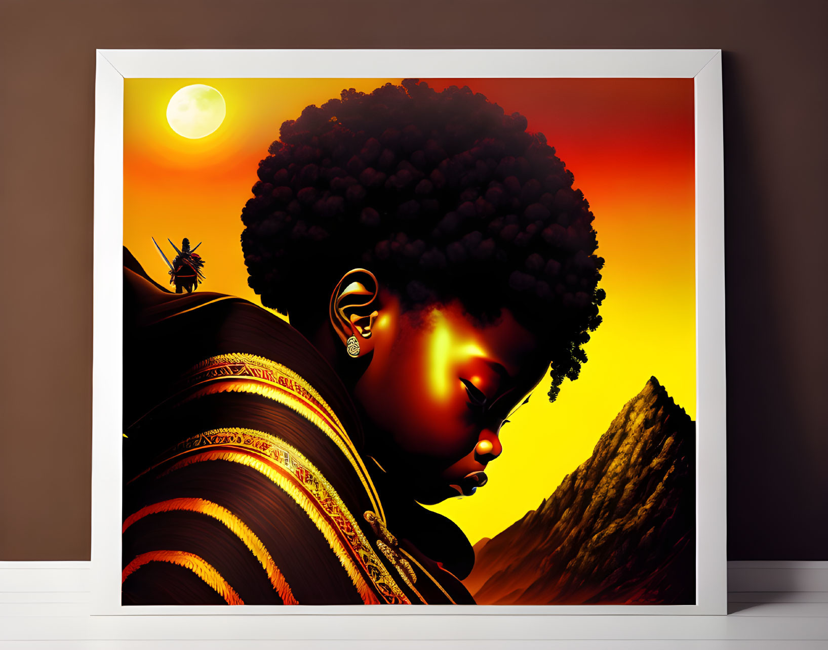 Profile View of African Woman with Afro Against Orange Sunset