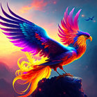 Mythical phoenixes digital artwork with fiery plumage