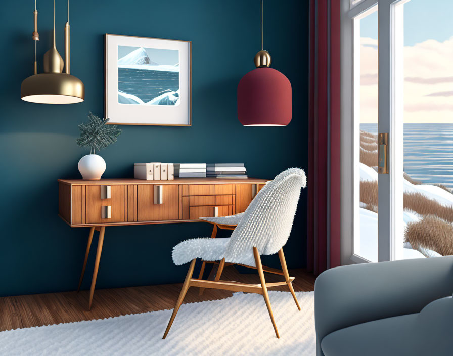 Modern Interior with Vintage Desk, Chic Chair, Pendant Lights, and Wall Art