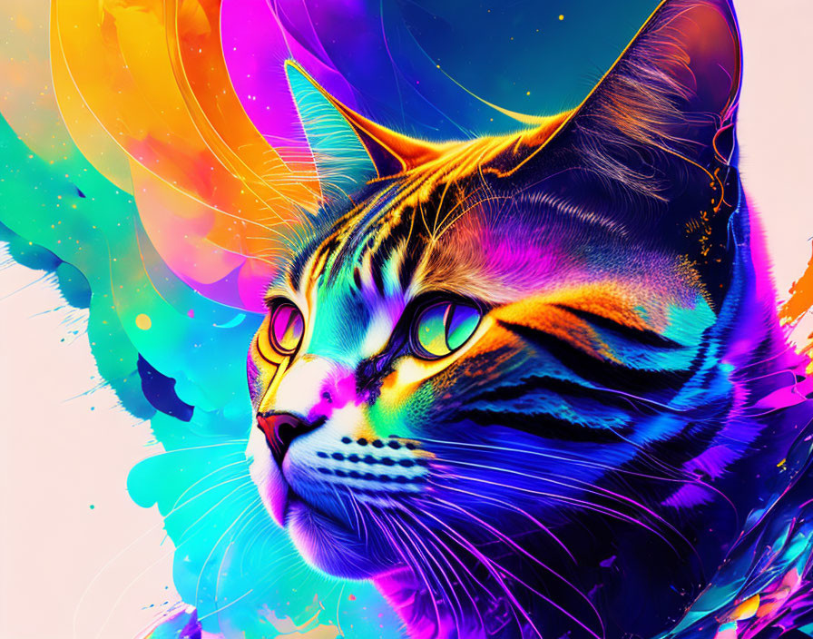 Colorful Psychedelic Cat Artwork with Neon Pinks, Blues, and Oranges