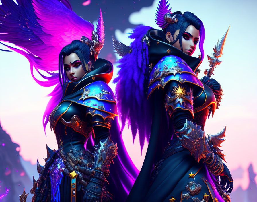 Fantasy characters in blue and purple armor with wings and spears.