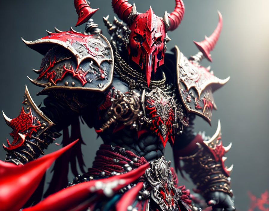 Malevolent figure in red and black demonic armor with horns and skulls