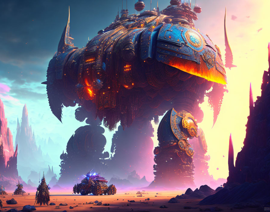 Large ornate floating structure above vibrant alien landscape with glowing elements