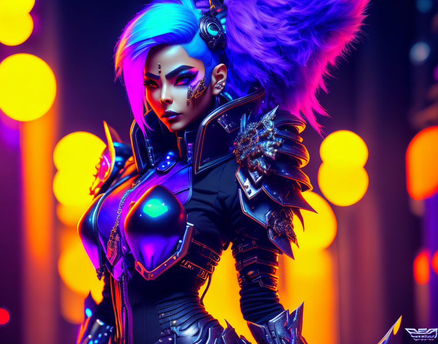 Blue-haired character in cybernetic armor against neon backdrop