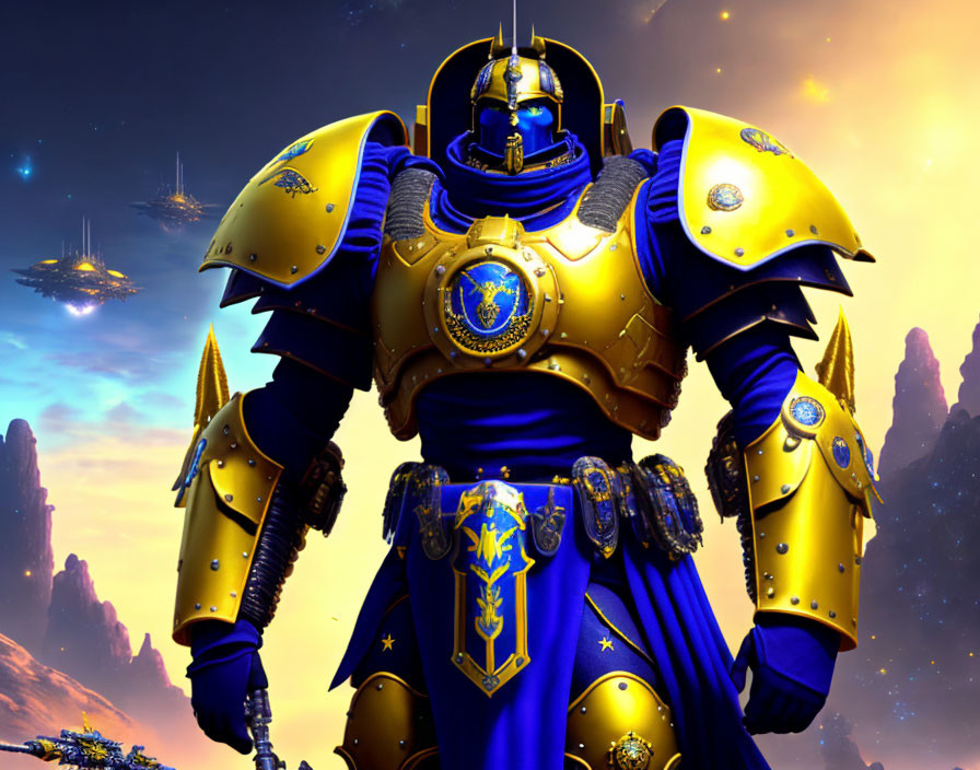 Futuristic warrior in blue and gold armor with sword in space scene