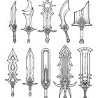 Nine Ornate Vintage-Style Blades and Daggers with Detailed Designs