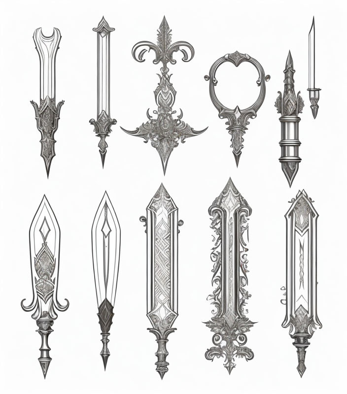 Nine Ornate Vintage-Style Blades and Daggers with Detailed Designs