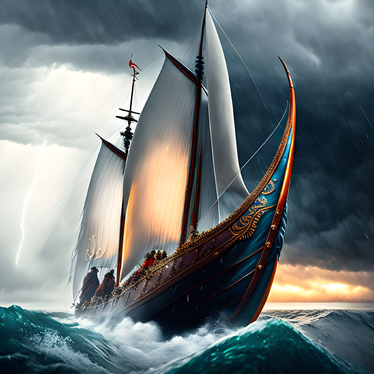 Ornate sailing ship navigating stormy seas under dramatic sky