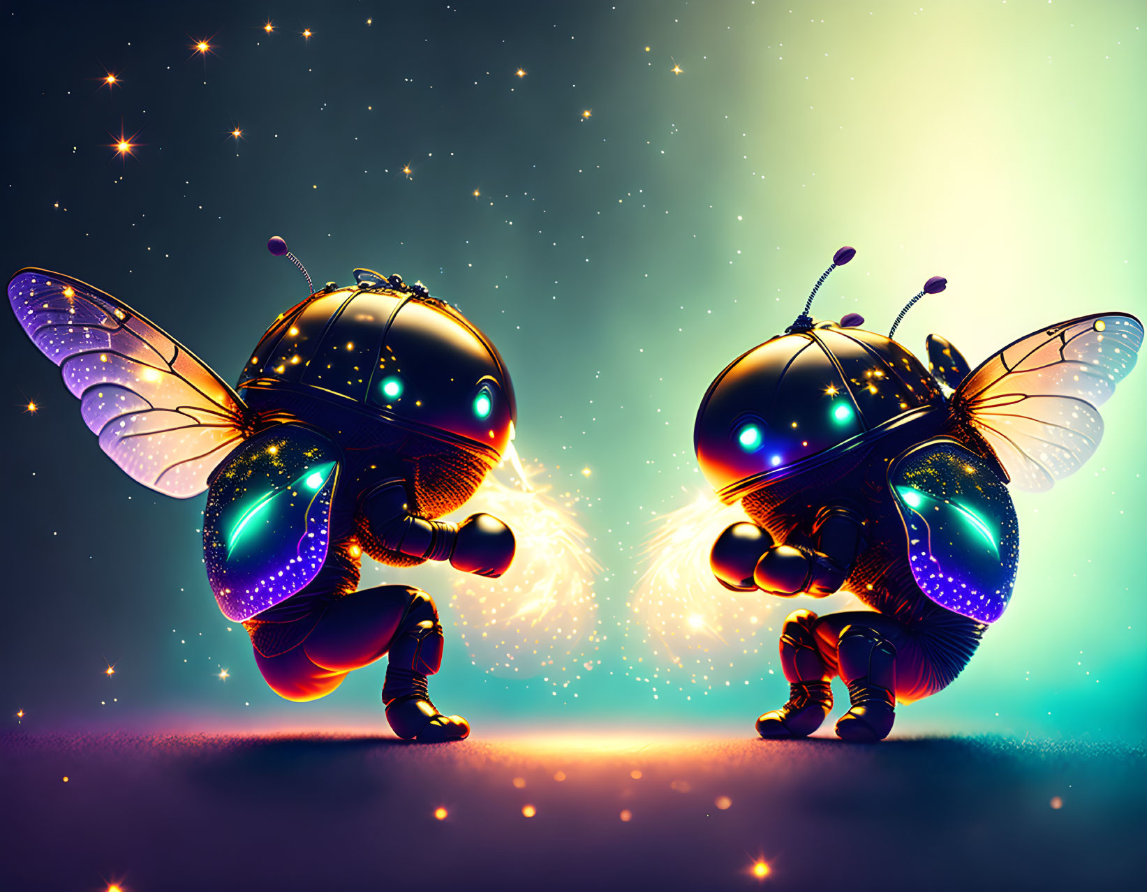 Futuristic robotic bees with glowing parts in starry sky.