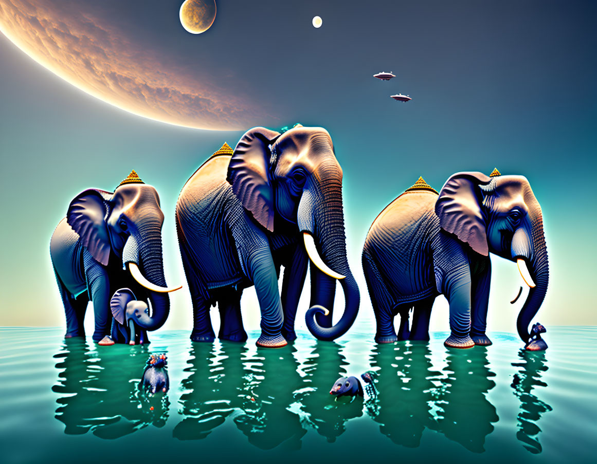 Three elephants with golden crowns in water under a sky with crescent moon, planets, and flying