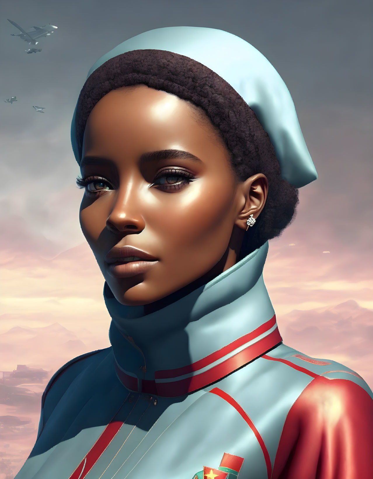 Digital portrait of woman in futuristic blue uniform with red trim against sky with flying crafts.