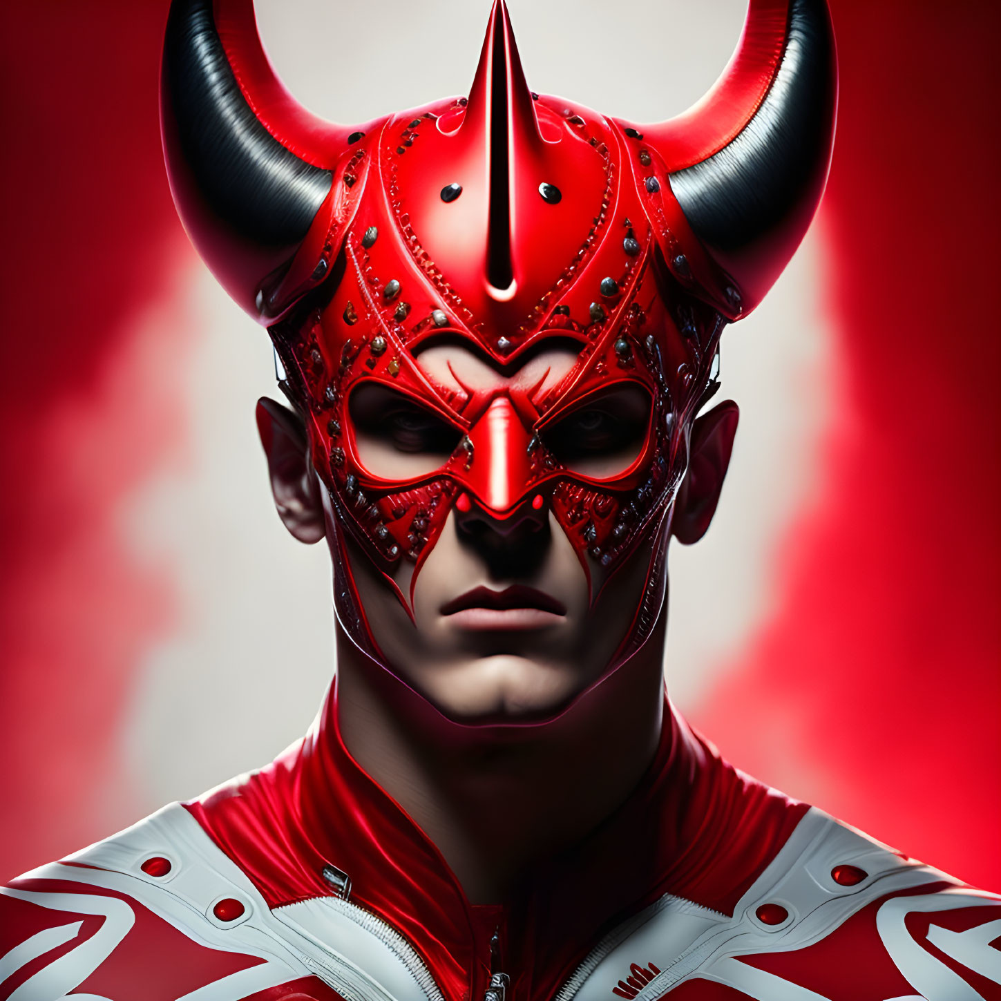 Red Devil Mask with Horns and Studded Details on Red Background