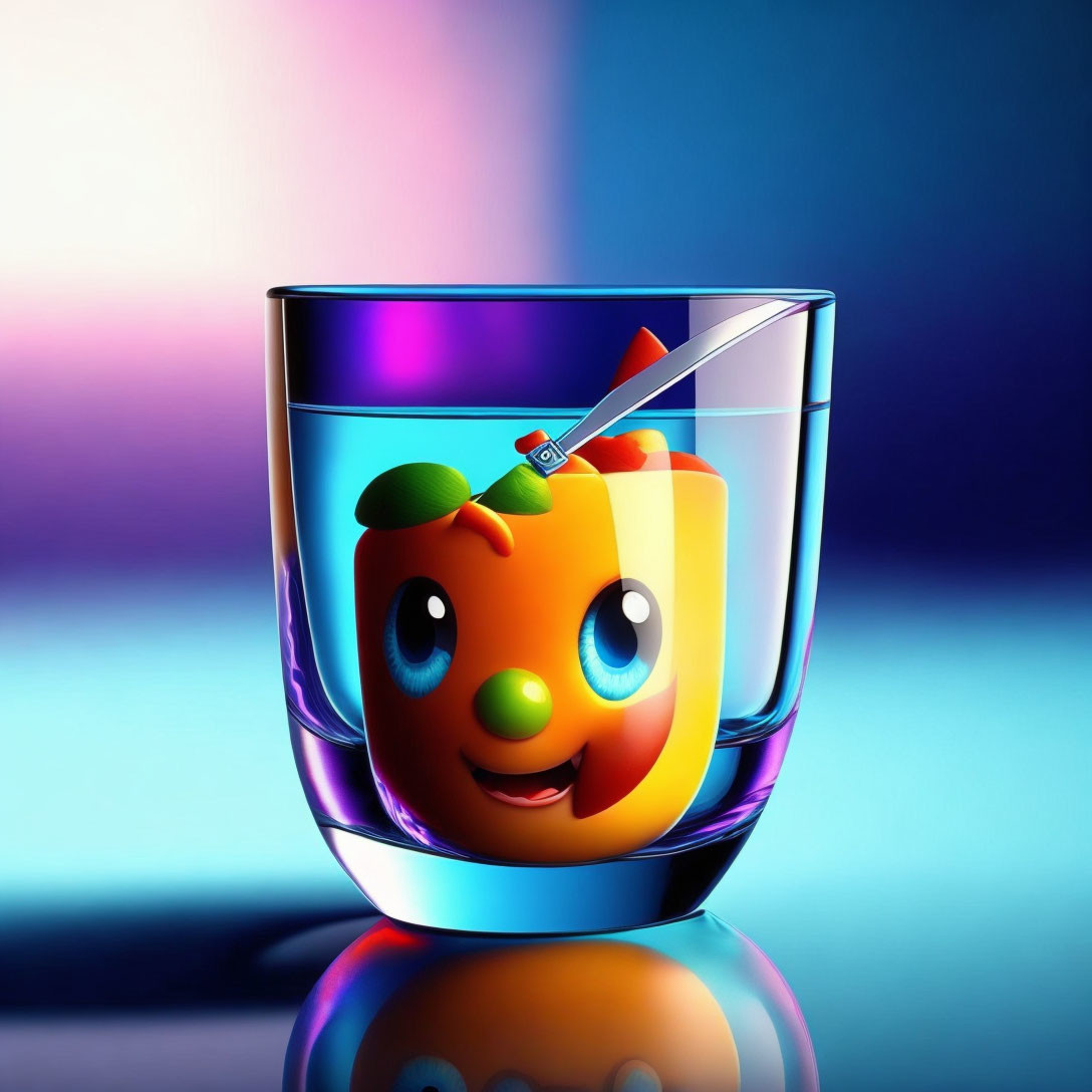 Vibrant digitally-rendered fruit character in glass on colorful background
