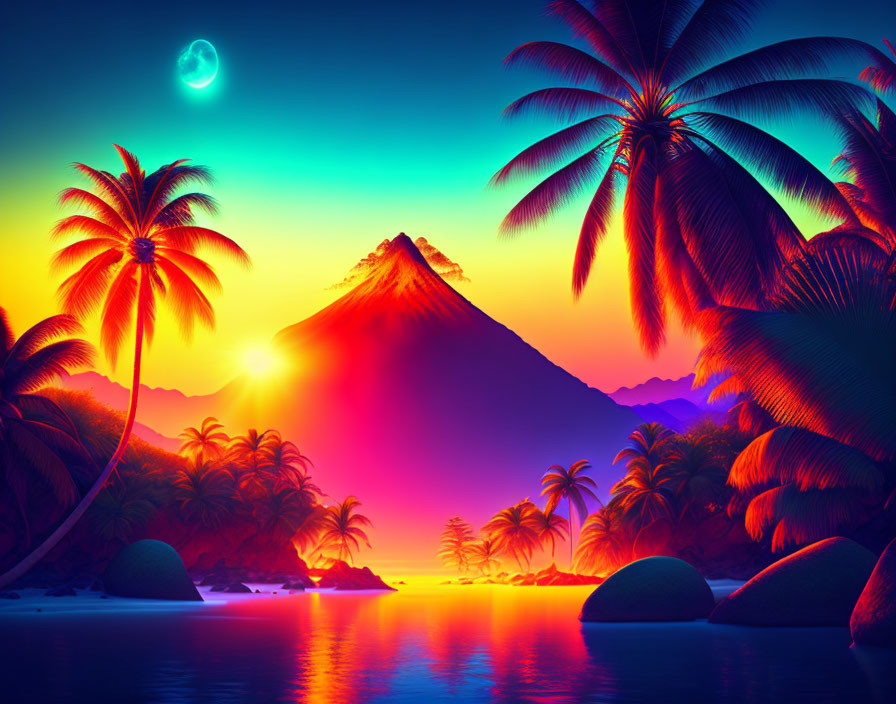 Colorful Tropical Sunset with Volcano, Palm Silhouettes, Neon Hues, and Crescent Moon