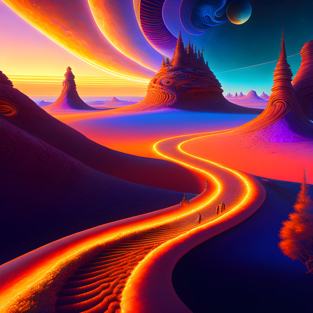 Surreal landscape with orange road, conical mountains, purple sky, and celestial bodies