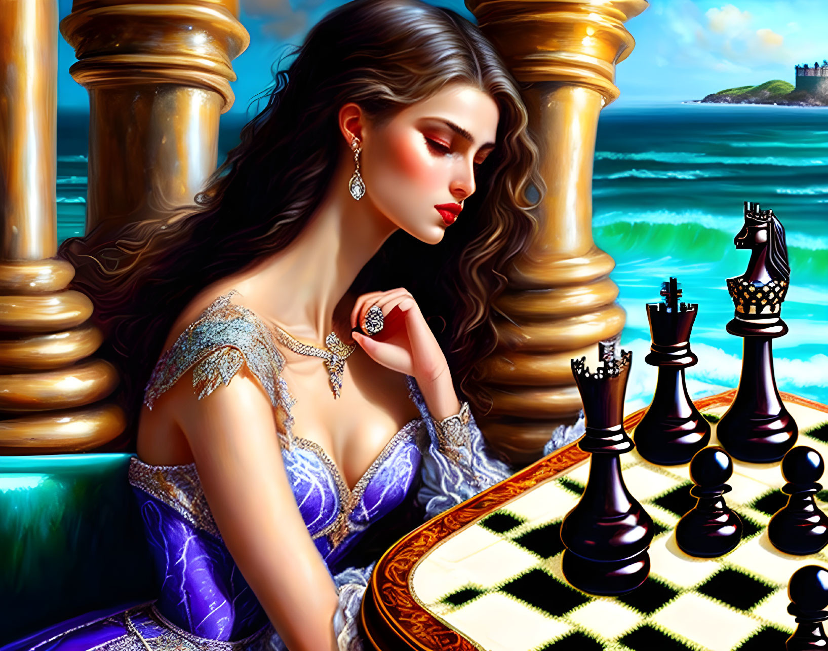 Illustrated woman in purple dress by seaside balcony with chessboard and castle in background