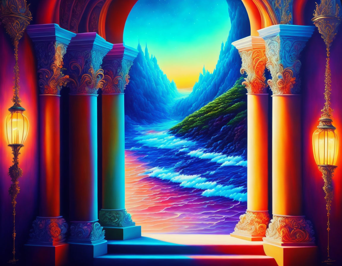 Fantasy landscape with ornate pillars, river, mountains, starry sky