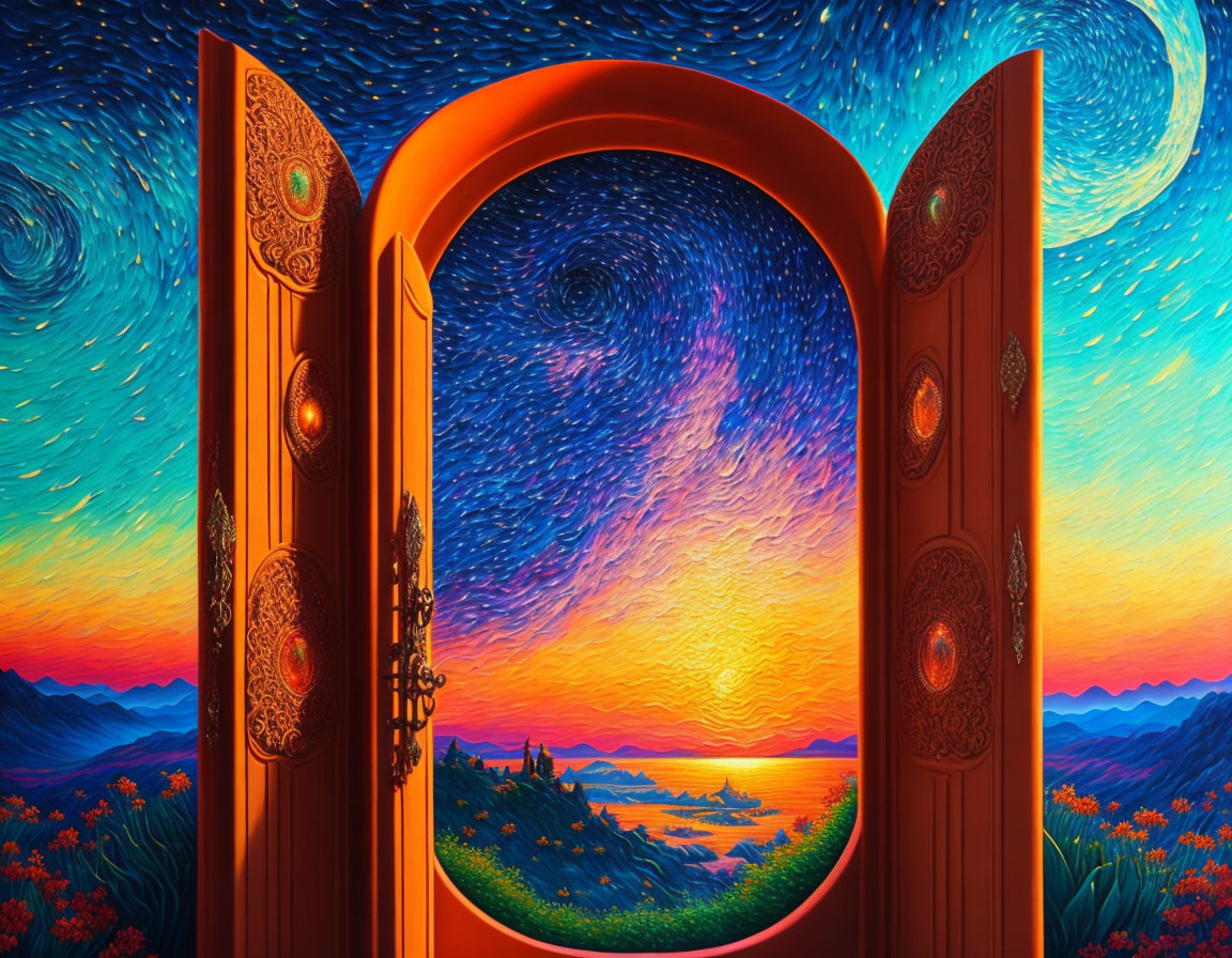 Artistic rendering of Starry Night beyond ornate doors, merging with vibrant sunset over mountainous lakes