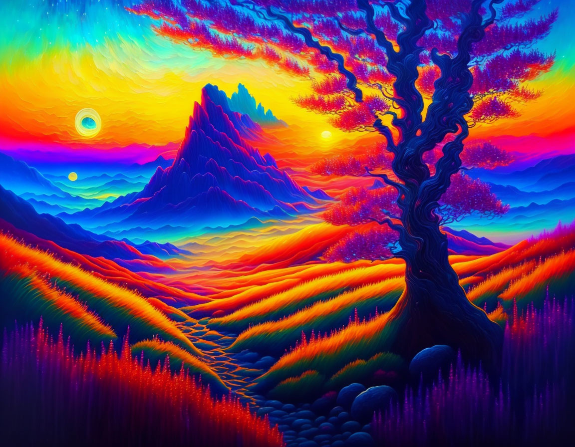 Colorful Psychedelic Landscape with Solitary Tree and Mountain