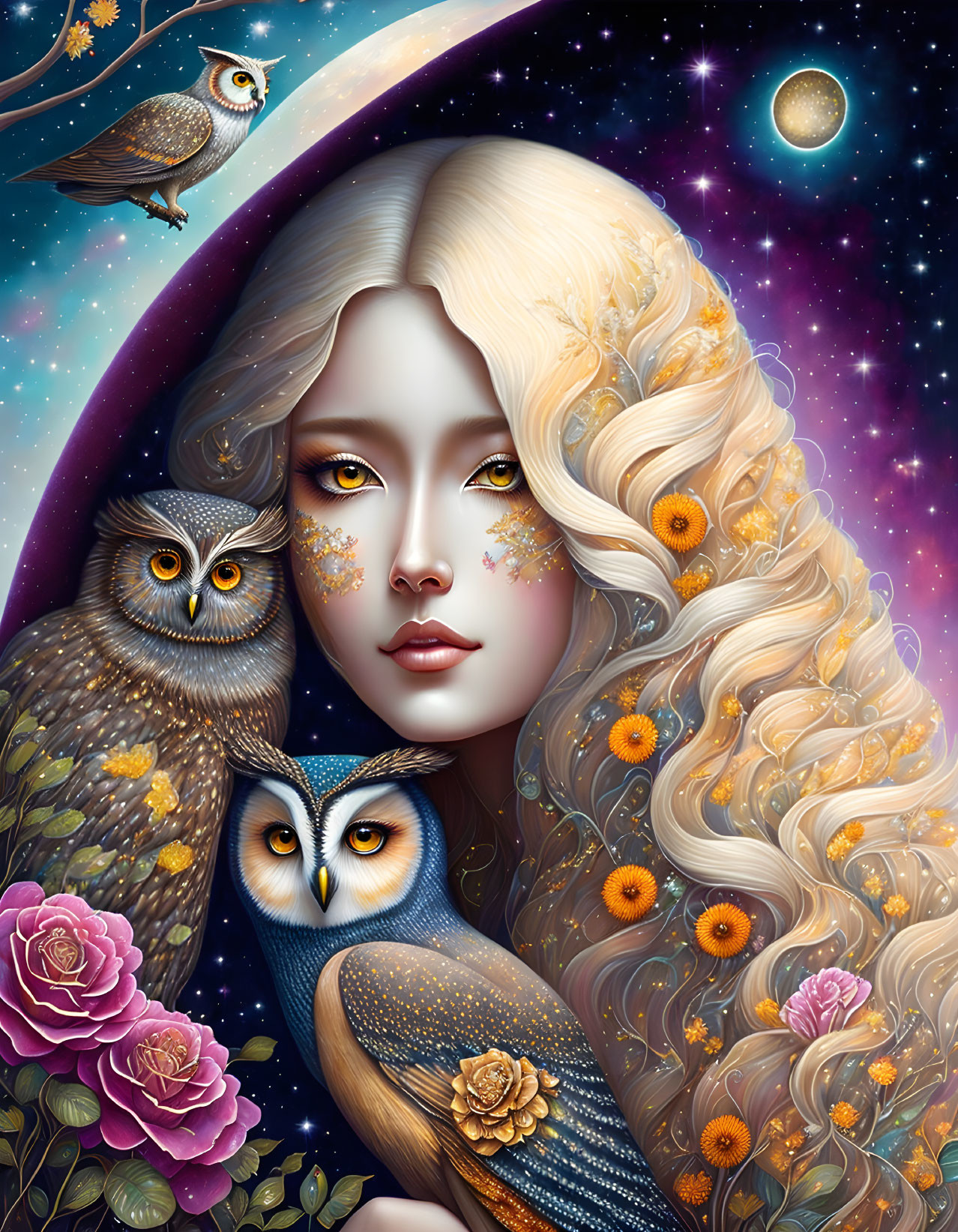 Fantasy illustration of woman with golden hair, owls, roses, and celestial bodies.