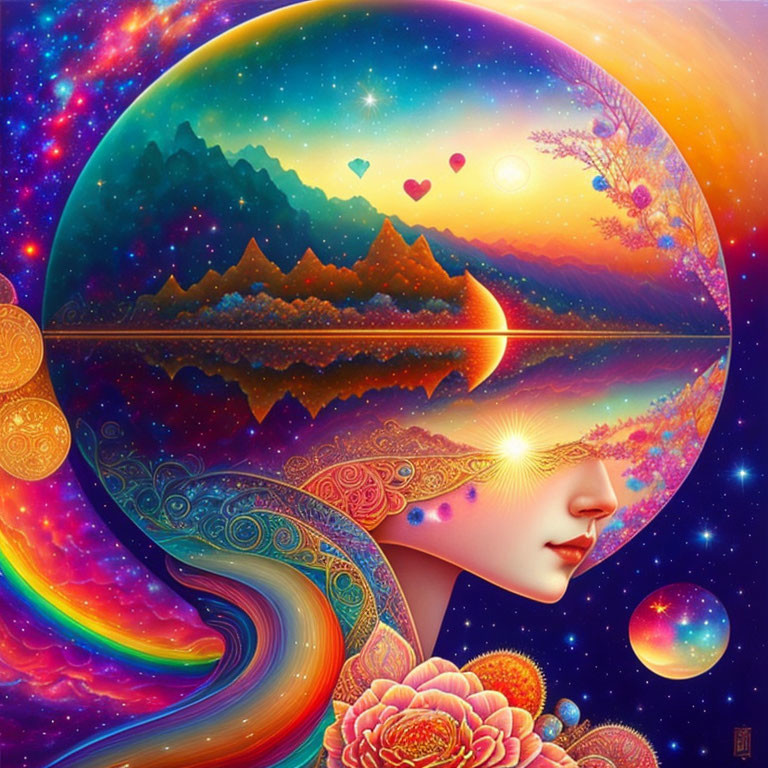 Colorful surreal artwork of woman's profile with celestial and natural elements