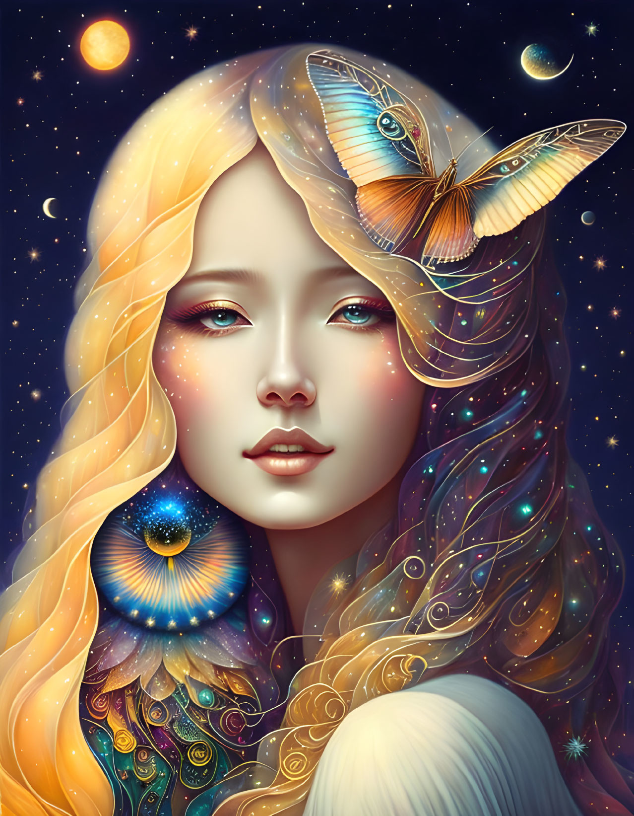 Illustrated woman with ethereal features, planets, butterfly, and peacock feather pattern.