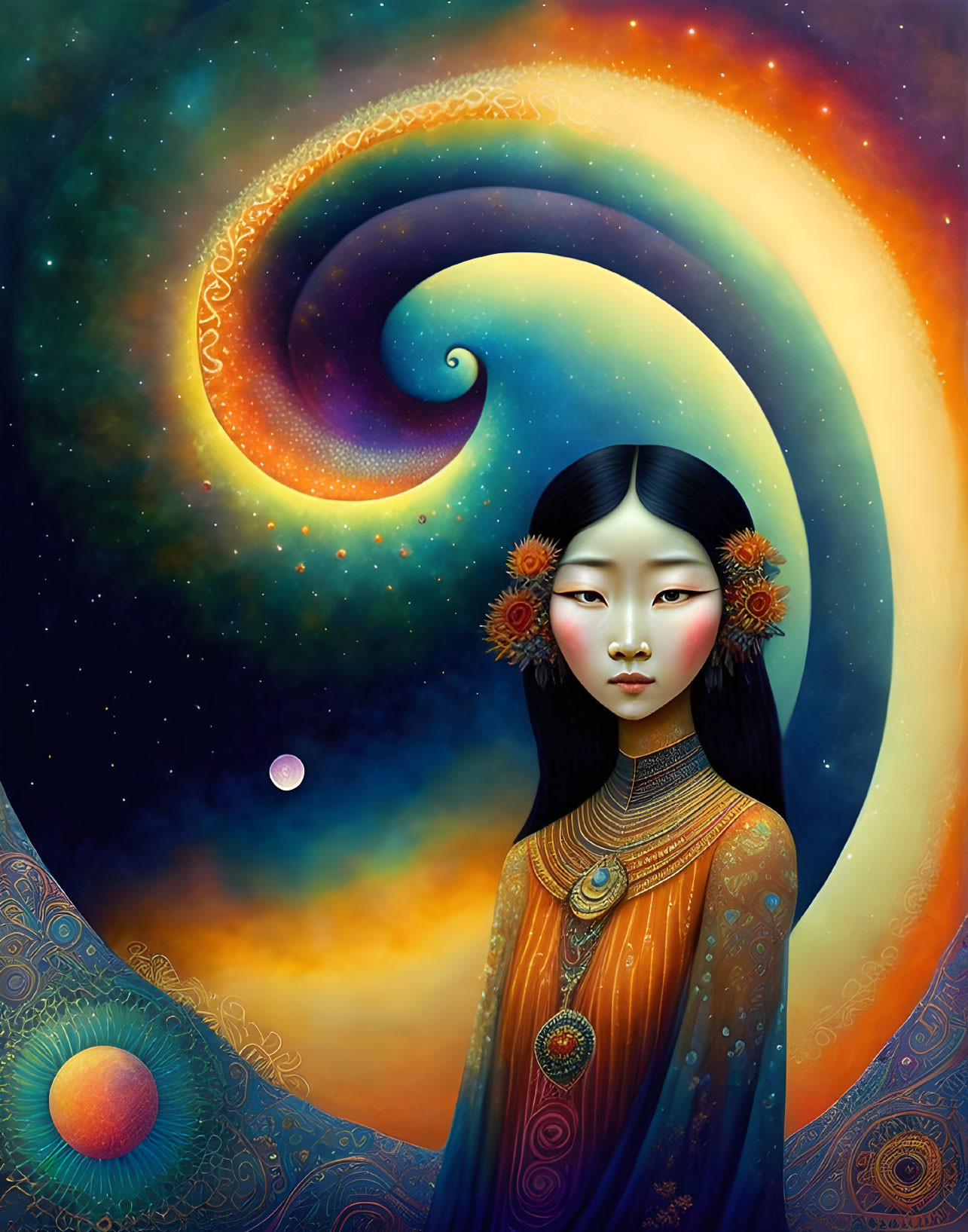 Stylized portrait of a woman with Asian features in cosmic backdrop