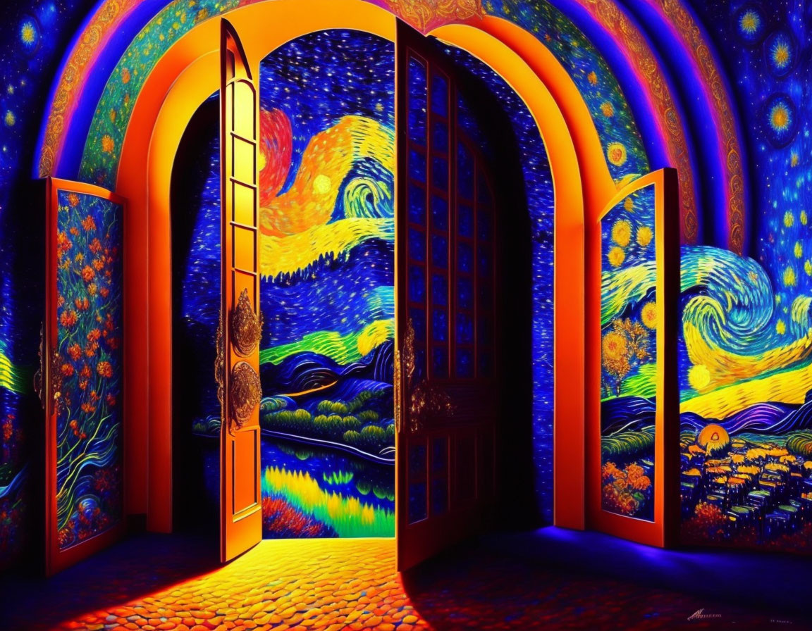Colorful room with Van Gogh-inspired starry night and landscape doors