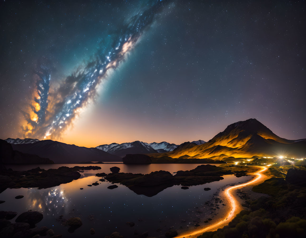 Tranquil Nightscape: Milky Way over Lake and Mountains